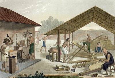 Timmerwerkplaats in Kupang, Timor, plaat 6 uit Le Costume Ancien et Modern door Jules Ferrario, gepubliceerd ca. 1820s-30s door Francesco Citterio